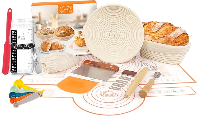 UDUK Sourdough Starter Kit, Baking Supplies Set with 2 Banneton Proofing Baskets, 24oz Sourdough Jar, Silicone Pastry Mat, Bread Sling and Essential Tools for Bread Making