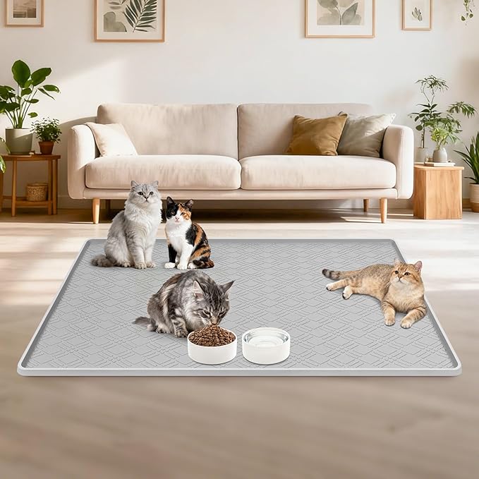 Lanstics Cat Food Mat, 42" x 29" Large Silicone Mat Cat Feeding Mat with Raised Edge Non-Slip Pet Feeding Mat for Food and Water Bowl, Easy to Clean, Floor Protection (Light Gray)
