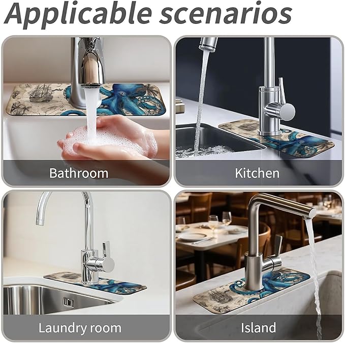 Kitchen Sink Splash Guard，Blue octopus and map Faucet Mat Sink Gadgets-Super Absorbent Fast Drying Mat Drip Catcher for Kitchen, Bathroom,Sink Mat, Dish Drying Mat, Bathroom(15" X 5.5" )