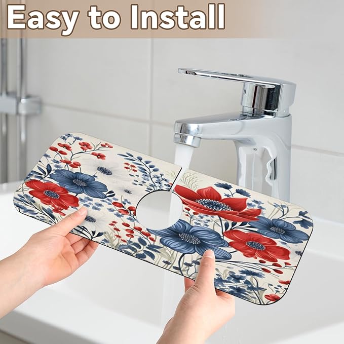 Patriotic Bloom Burst Kitchen Faucet Mat Splash Guard, 15.4”x5.7” Absorbent Quick Drying Sink Mat for Countertop Protection, Draining Mat Sink Protectors For Kitchen Bathroom, 2 Pack