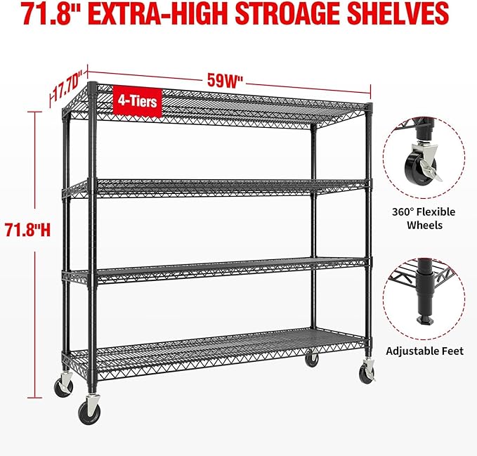 4-Tier Metal Storage Shelving Unit, 2640 Lbs Load Capacity Heavy-Duty Shelf Organizer, Adjustable Wire Rack Shelves for Garage, Pantry & Kitchen, 71.8" h x 59" w x 17.7" d