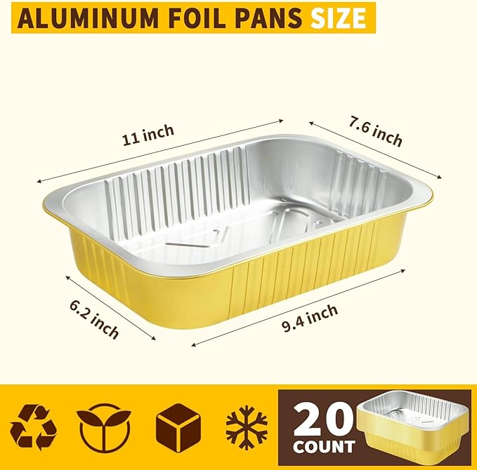 Fothwart 20 Pack 5 LB 11"×8"×2" Gold Aluminum Foil Pans with Lids Heavy Duty, Foil Food Containers with Lids, Disposable Tin Foil Pans for Meal Prep, Freezer, Heating and Takeout