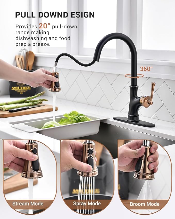 APPASO Matte Black and Rose Gold Pull Down Kitchen Faucet with Easy-Retract Sprayer - Single Handle High Arc One Hole, CUPC-Certified Pull-Out Hose, Water Supplies and Valve Core