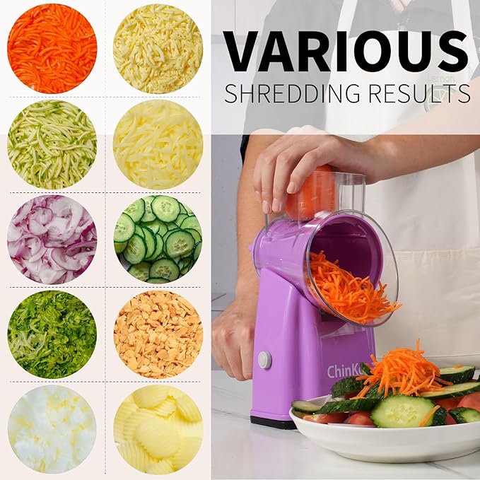 ChinKc Upgrade Rotary Cheese Grater Shredder with Handle, Strong Suction Base, Multi-purpose Rotary Grater Slicer with 5 Interchangeable Blades for Ice, Vegetables, Fruit, Nuts with Blade Storage Box