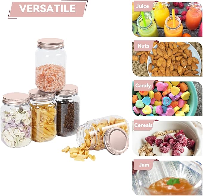 novelinks 16 oz Clear Plastic Jars with Lids, Refillable 16oz Mason Jars with Lids & Storage Containers for Kitchen & Household Use (20 Pack,Rose Gold)
