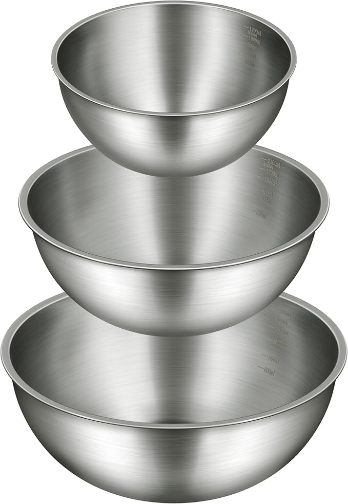 Gronivex 3-Piece Stainless Steel Mixing Bowls Set, 2.4, 3.2 & 4.9 Qt with Measurement Marks, Food Grade 304, Dishwasher Safe & Stackable for Baking, Tossing Salads, and Meal Prep for Your Kitchen