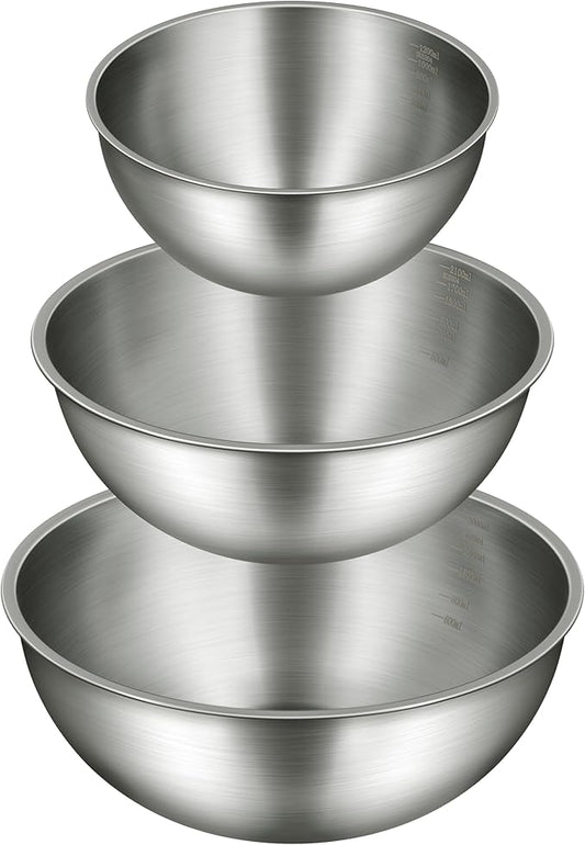 Gronivex 3-Piece Stainless Steel Mixing Bowls Set, 2.4, 3.2 & 4.9 Qt with Measurement Marks, Food Grade 304, Dishwasher Safe & Stackable for Baking, Tossing Salads, and Meal Prep for Your Kitchen