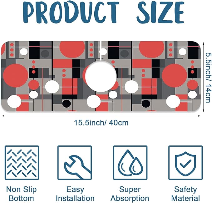 Abstract Geometric Sink Faucet Absorbing Mat Vintage Tile Super Absorbent Fast Drying Mat Sink Gadgets Behind Faucet Sinkmat for Kitchen Bathroom, 15.5"x5.5"