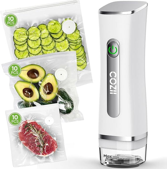COZII Handheld Vacuum Sealer for Food, Preserve Compact Vacuum Sealer Machine with Visible Water Tank, 30 Bags Portable Food Saver, 60KPa Powerful Suction, 8X Fresh, Wireless & Rechargeable,White