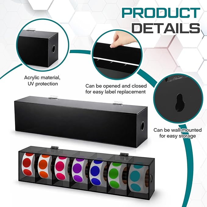 Day of The Week Sticker Dispenser 2.17" Square Acrylic Sticker Roll Holder Covered Label Dispenser Wall Mount 7 Slot Holder for Office Desktop Stickes, Black, Single Layer(No Label)