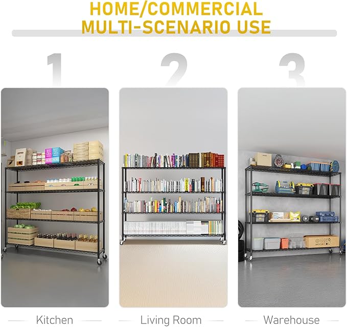 Karl home 4-Tier Metal Storage Shelves, Adjustable Wire Shelving Unit with Wheels & Leveling Feet, Heavy Duty Garage Shelving, Pantry & Kitchen Display Shelf Organizer, Home Storage Rack