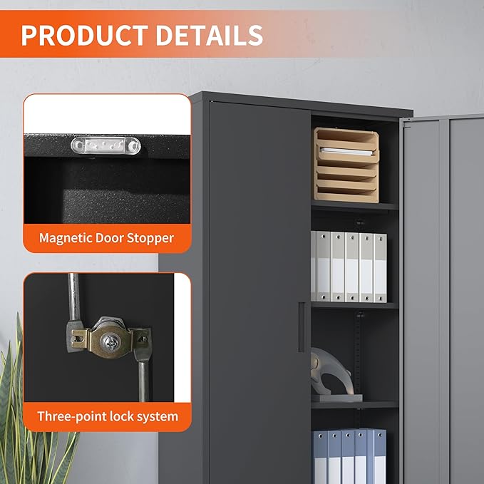 BIZOEIRON Metal Storage Cabinet with Adjustable Shelves, Garage Tool Cabinet with 2 Lockable Doors for Office, Home, Garage, Require Assembly, Black