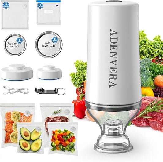 Compact Vacuum Sealer for Food — Mason Jar Vacuum Sealer Kit & Handheld Electric Sealer with 10 Reusable Bags & 10 Mason Jar Lids, Portable Rechargeable, Smart Auto-Stop, White