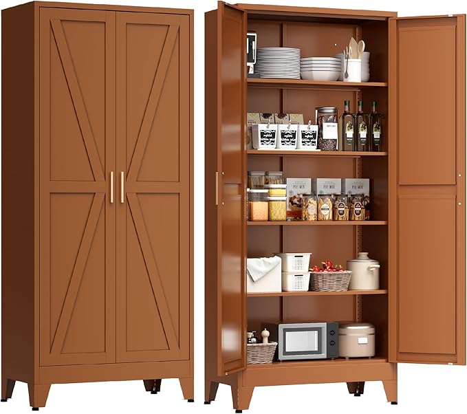 LCAOPC 71" Tall Metal Storage Cabinet with 2 Doors and 4 Adjustable Shelves, 5-Tier Kitchen Pantry Storage Cabinet for Kitchen, Living Room, Dining Room and Office, Brown