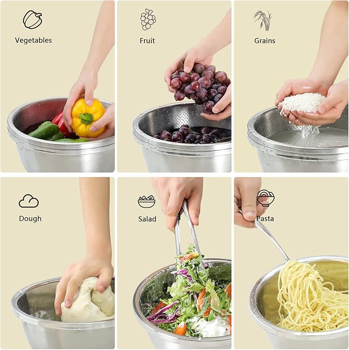304 Stainless Steel Microporous Colander, 3.5QT Large Capacity with Mixing Bowl For washing vegetables fruit and rice and for draining cooked pasta(2PC)