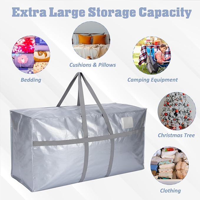 Windyun 4 Pack 69 Gallon Extra Large Moving Bags XXL Heavy Duty Storage Bag with Strong Zipper Handle Jumbo Big Tote Box Foldable for College Dorm Travel Clothes Duffle Blanket Pillow(Silver)