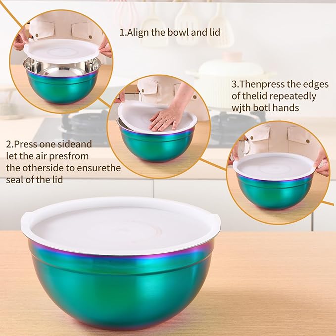Onlycooker Rainbow Mixing Bowls With Airtight Lids,Stainless Steel Bowl,Salad Bowls 5 Piece Colorful Nesting Bowl Rainbow Kitchen Accessories,Size 5.5,3.6,2.7,2.1,1.5,QT Stackable Design