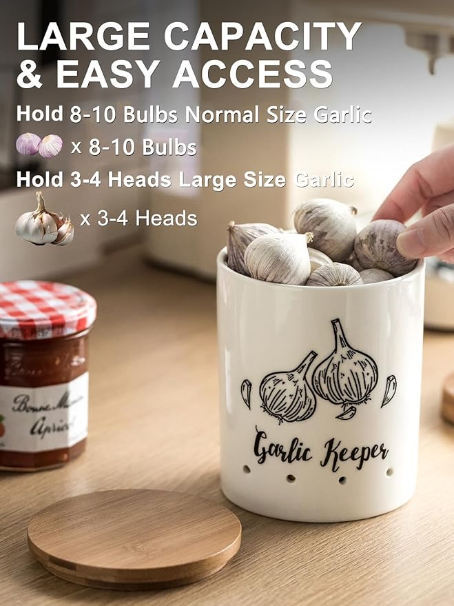LYEOBOH Garlic Keeper, Garlic Storage, Garlic Holder, Large Ceramic Garlic Keeper with Wooden Lid, Garlic Jar, Garlic Storage Container, White