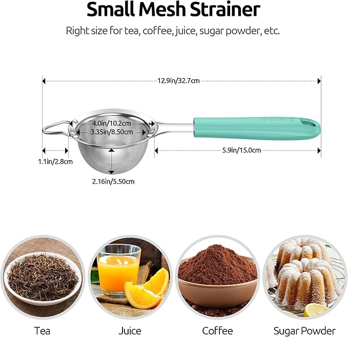 U-Taste Fine Mesh Food Strainer: 18/8 Stainless Steel 30 Mesh Kitchen Sieve with Sturdy Riveted Silicone Handle, Heavy Duty Deep Handheld Metal Colander (Small/3.35in+Medium/4.73, Aqua Sky)