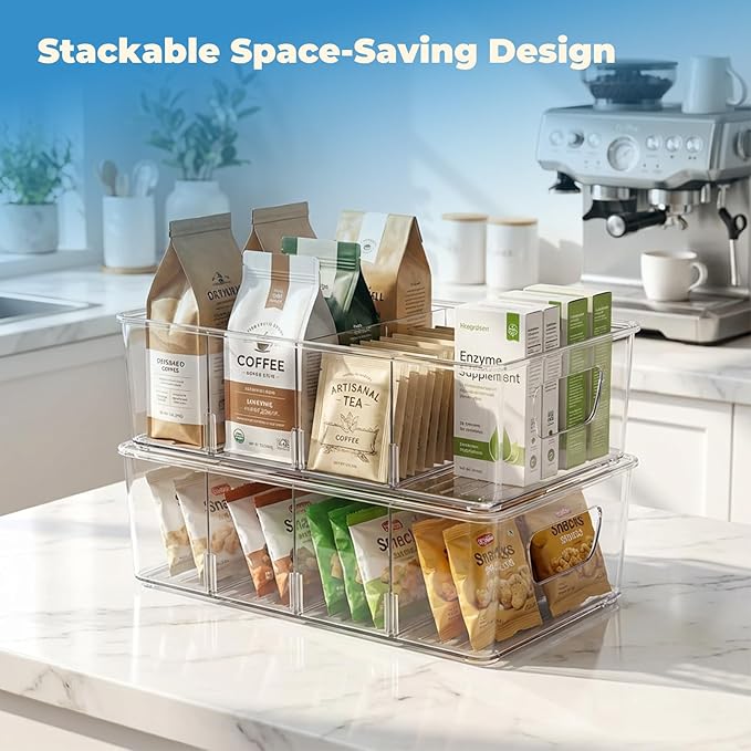 6 Pack Pantry Organizers and Storage, Clear Plastic with 3 Removable Dividers, for Tea Bag, Snack, Seasoning Organizer – BPA Free Perfect in Pantry and Fridge