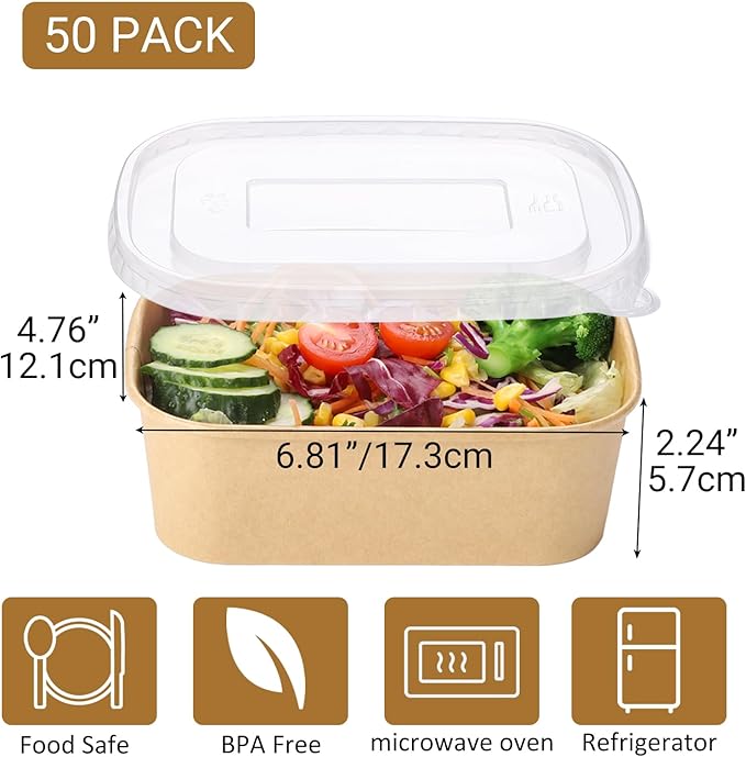 Belinlen 50 Sets 25oz Disposable Kraft Paper Bowls with Lids, Rectangle Paper Food Containers with Lids, Salad Bowls for Hot/Cold Food, Soup, Meal Prep, Ice Cream, Takeout, Party Supplies(750ml)