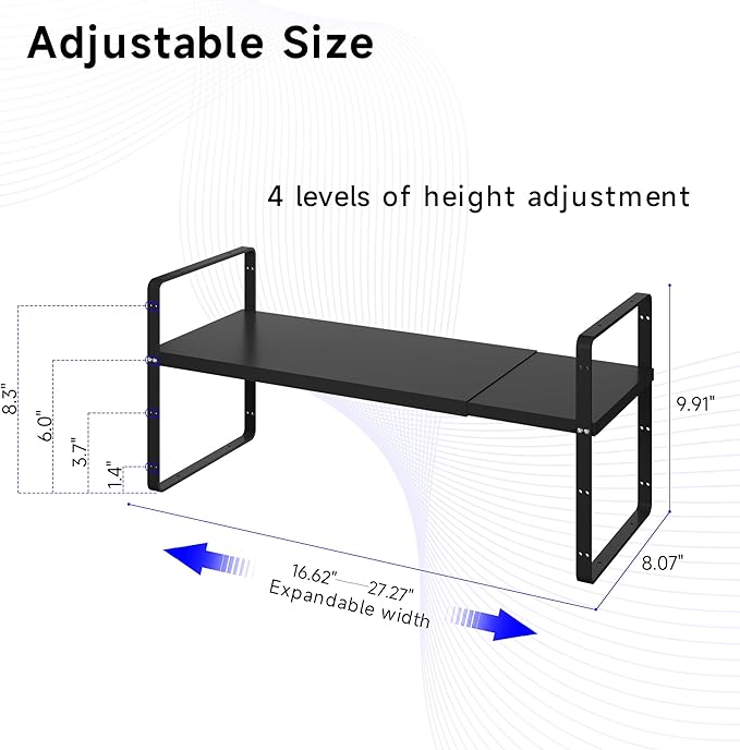 KIKIBRO Expandable Cabinet Shelf Organizer, Stackable Kitchen Pantry Counter Storage, Adjustable Cupboard Stand Rack Risers Spice Organization Heavy Duty Black Small 3 Pack