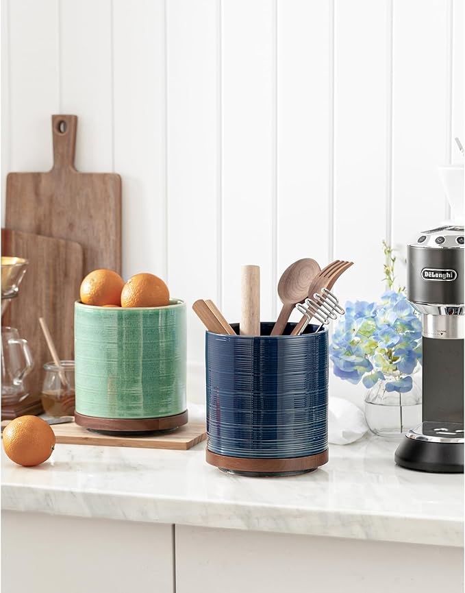 MIKIGEY Utensil Holder, 360° Rotating Extra Large Ceramic Kitchen Utensil Holder for Countertop, 7.3“ Cooking Utensil Crocks for Kitchen Counter with Rotatable Wooden Base, Farmhouse Decor, Dark Blue