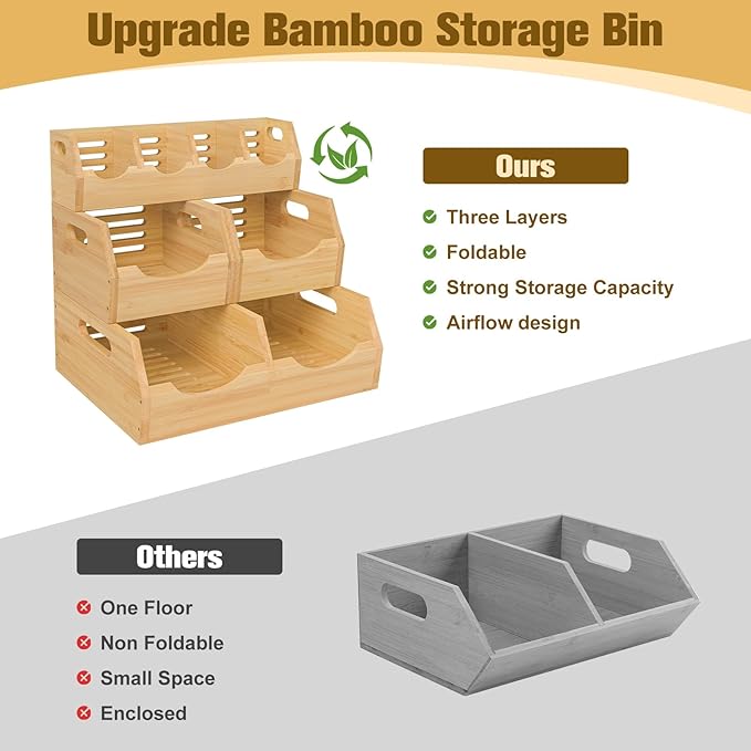 Upgraded 3 Tier Bamboo Pantry Storage Bins - Stackable Potato and Onion Storage Bin, Storage Baskets Airflow Vent Vegetable and Fruit Organizer with Handle, for Kitchen, Livingroom,Bathroom