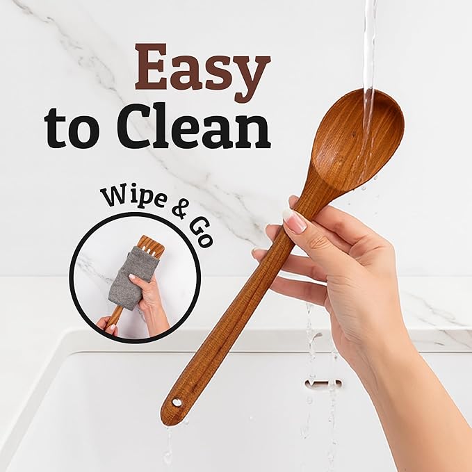 PriorityChef Long Wooden Spoon for Cooking, Durable Teak Large Cooking Spoon for Serving, Stirring & Daily Use – Safe for Nonstick & Cast Iron Cookware