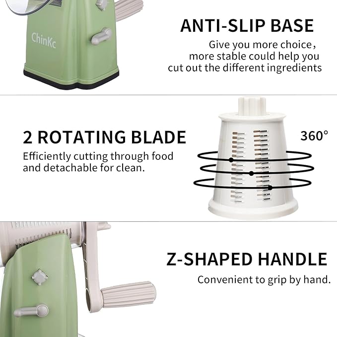 ChinKc Upgrade Rotary Cheese Grater Shredder with Handle, Strong Suction Base, Multi-purpose Rotary Grater Slicer with 5 Interchangeable Blades for Ice, Vegetables, Fruit, Nuts with Blade Storage Box