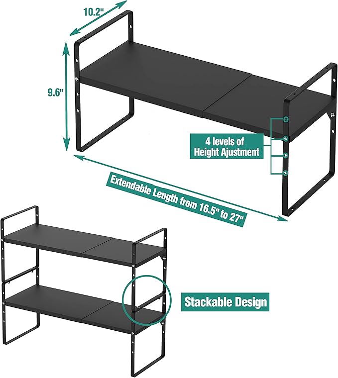 SUZLON Expandable Cabinet Shelf Organizer Rack, Stackable Kitchen Counter Storage Shelves Stand, Adjustable Height Pantry Shelf Spice Rack, Heavy Duty Nonslip Black Large 2Pack