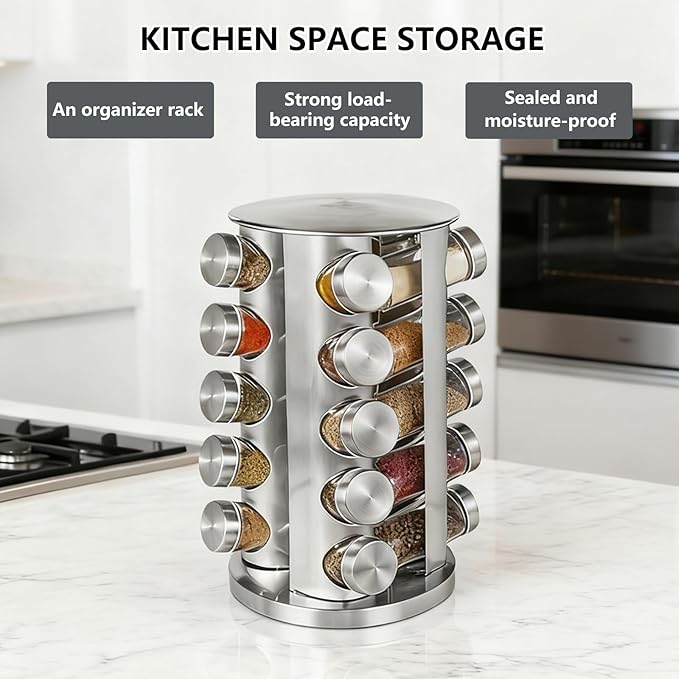 Wintline 20 Jar Revolving Spice Rack,Kitchen Spice Organization for Cabinet or Countertop,Seasoning Spice Organizer with Polished Stainless Steel&Black Caps