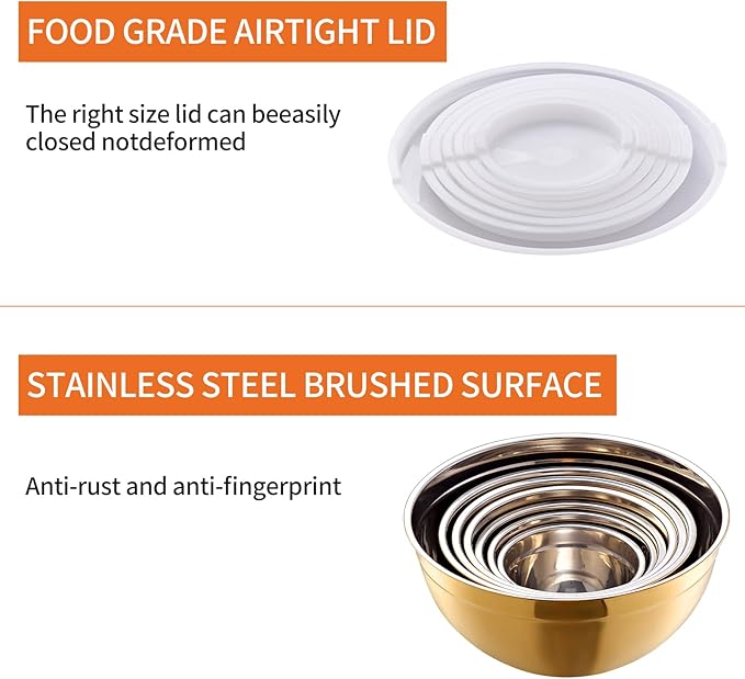 Moxinox Gold Mixing Bowls with Airtight Lids, Stainless Steel Nesting Mixing Bowls Set of 7, Ideal for Baking, Prepping and Serving Food, Size 7, 3.6, 2.7, 2.1, 1.5, 1.1,0.8 QT, Stackable Design
