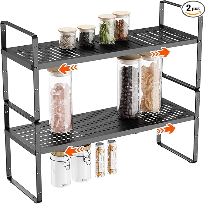 DPZM 2Pack 16.5-27’’L Expandable Cabinet Countertop Shelf Organizer, Stackable Metal Shelves, Kitchen Organizers and Storage, Black Storage Spice Rack for Pantry and Cupboard