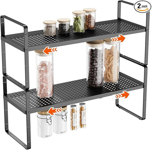 DPZM 2Pack 16.5-27’’L Expandable Cabinet Countertop Shelf Organizer, Stackable Metal Shelves, Kitchen Organizers and Storage, Black Storage Spice Rack for Pantry and Cupboard