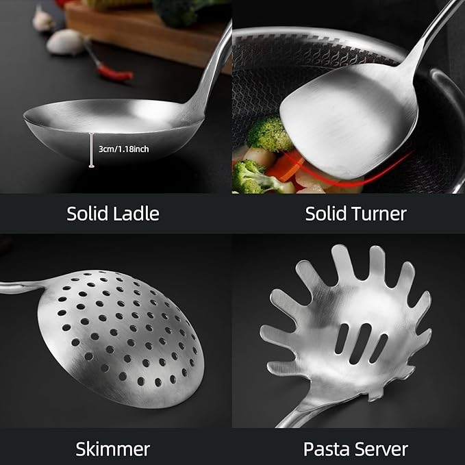 MAXCOOK Cooking Utensils set, 18/8 Stainless Steel Kitchen Utensils set, 7 Pieces Cookware Set with Rotating Holder, Heat Resistant Stainless Steel Cooking Spoon(Dishwasher Safe)
