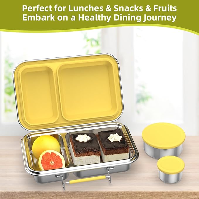 Stainless Steel Bento Box for Adults, 22.6 oz Leakproof 2-Compartments Stainless Steel Bento Containers, Metal Lunch Box with 2 Container, Dishwasher Safe, Design for Office,Outdoor, BPA-Free Yellow
