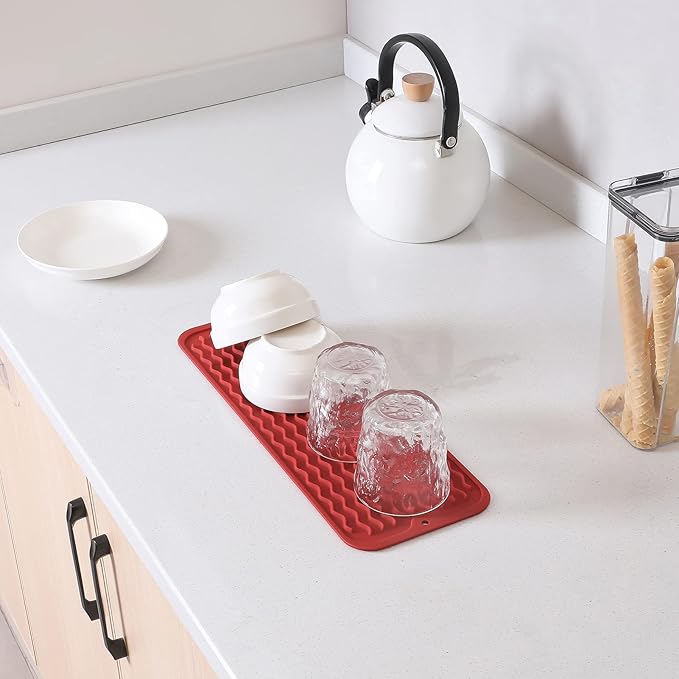 Silicone Dish Drying Mat for Multiple Usage,Easy clean,Eco-friendly,Heat-resistant Silicone Mat for Kitchen Counter,Sink,Bar,Bottle,or Cup Red M 17 inches x 6 inches