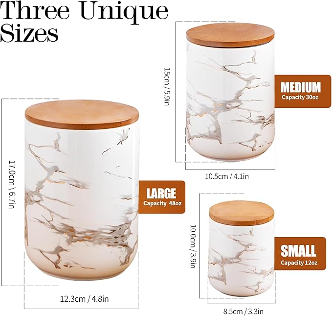 JOJUNO White Ceramic Canister Set with Bamboo Lid – 3-Piece Airtight Food Storage Jars for Kitchen Counter – Glossy Marble Design, Ideal for Flour, Sugar, Coffee, Tea, Spice – Small, Medium, Large
