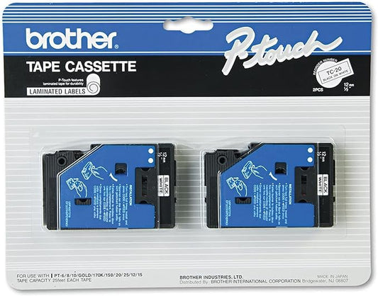 2/Pack 1/2" (12mm) White TC Tape for use in Brother PT-15, PT15 Label Maker