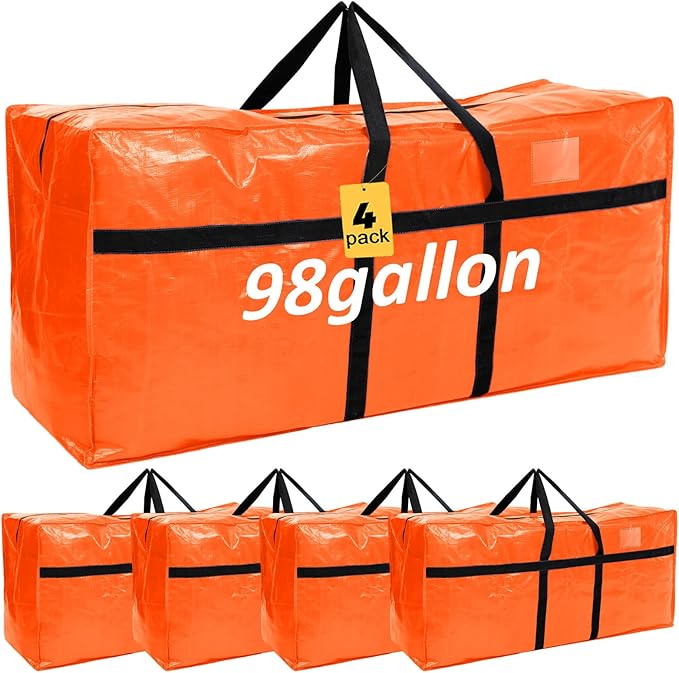 Windyun 4 Pack 98 Gallon Extra Large Moving Bags XXL Heavy Duty Storage Bag with Strong Zipper Handle Jumbo Big Tote Box Foldable for College Dorm Travel Clothes Duffle Blanket Pillow(Orange)