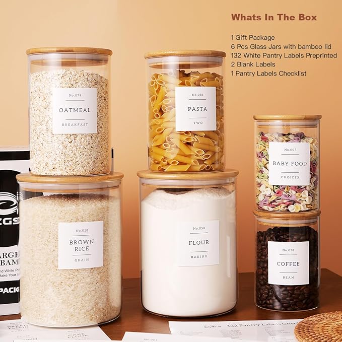 Set of 6 Glass Flour and Sugar jars with 132 Kitchen Pantry Labels - Thicken Large Glass Storage containers with Airtight Bamboo Lid - Rice Canisters for Salt Coffee(100OZ/54OZ/27OZ)