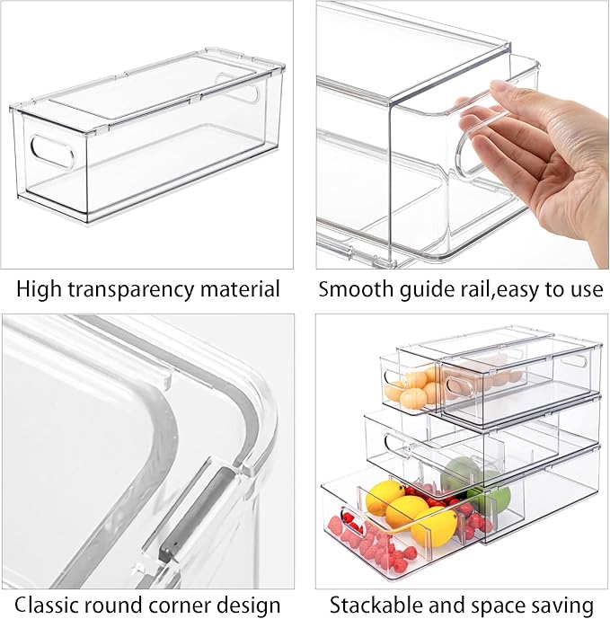MineSign 3Pack Fridge Organizer Drawer Divider Cube Pull-Out Bins Clear Food Container Refrigerator Storage box Produce Saver for Pantry Kitchen Cabinet