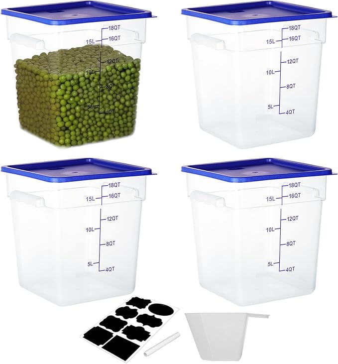 BIEAMA 4 Pack Food Storage Containers, 18 Quart Square Commercial Food Containers with Lids, NSF, Polycarbonate, Clear