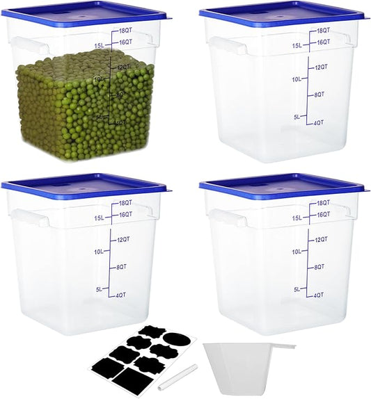 BIEAMA 4 Pack Food Storage Containers, 18 Quart Square Commercial Food Containers with Lids, NSF, Polycarbonate, Clear