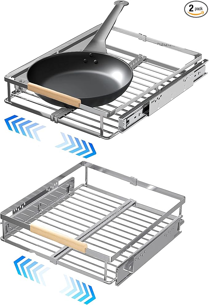 SUZLON 2Pack Expandable Pull Out Cabinet Organizer,11.8~18" W x 17" D Heavy Duty Slide Out Shelves Adjustable Height Cabinet Pull Out Shelves,Expandable Width Spice Rack Organizer for Kitchen Cabinet