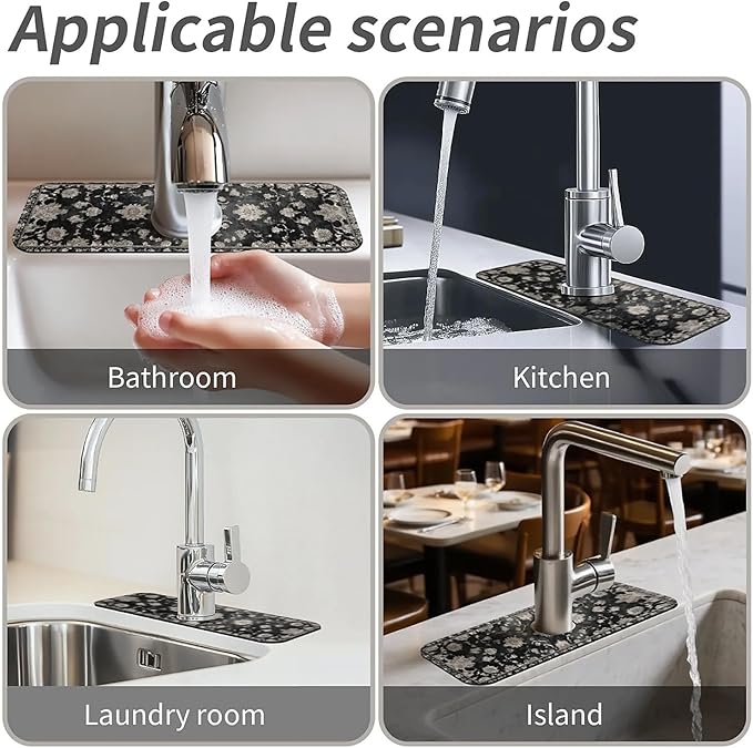 Kitchen Sink Splash Guard，Beige floral Faucet Mat Sink Gadgets-Super Absorbent Fast Drying Mat Drip Catcher for Kitchen, Bathroom,Sink Mat, Dish Drying Mat, Bathroom(15" X 5.5" )