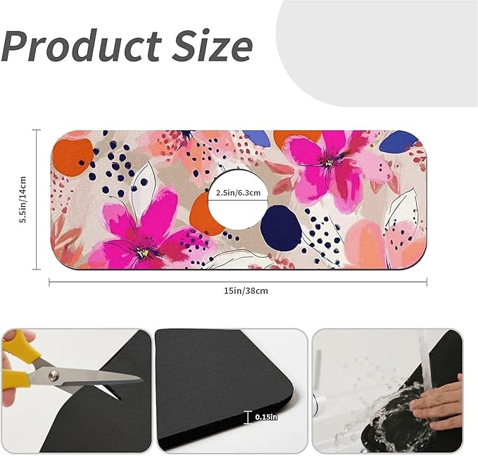 Kitchen Sink Splash Guard，Pink-orange flowers Faucet Mat Sink Gadgets-Super Absorbent Fast Drying Mat Drip Catcher for Kitchen, Bathroom,Sink Mat, Dish Drying Mat, Bathroom(15" X 5.5" )