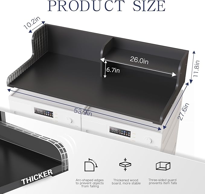 DTK Washer Dryer Wood Countertop with Shelf, Laundry Topper with Non-Slip Mat,27.55" Depth x 54" Width Dryer Covers for The Top with Edge Rails, Black