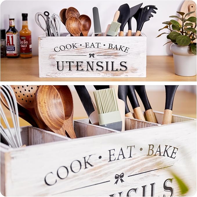 WDT Tool Utensil holder for Kitchen Counter Large Round Utensils Holder with Wooden Base Matte Black Cooking Utensil Holder，Kitchen countertop Utensil Organize (White-4 Compartments)